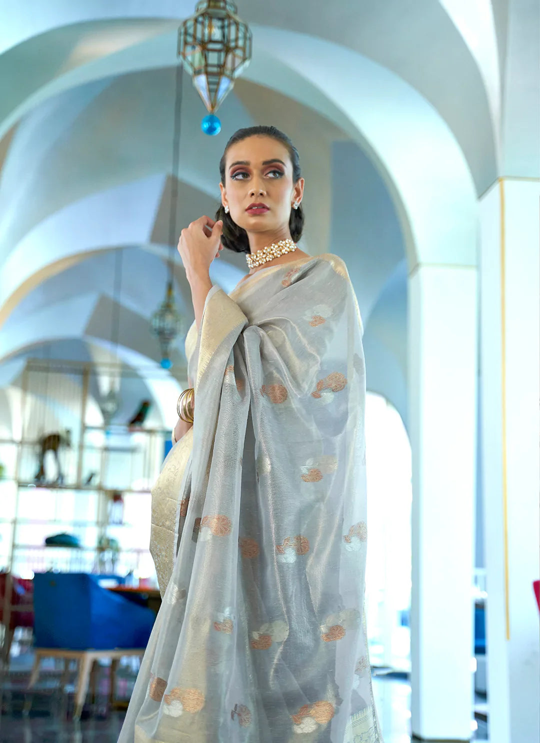 Grey Banarasi Tissue Organza Saree - TREEVESTO