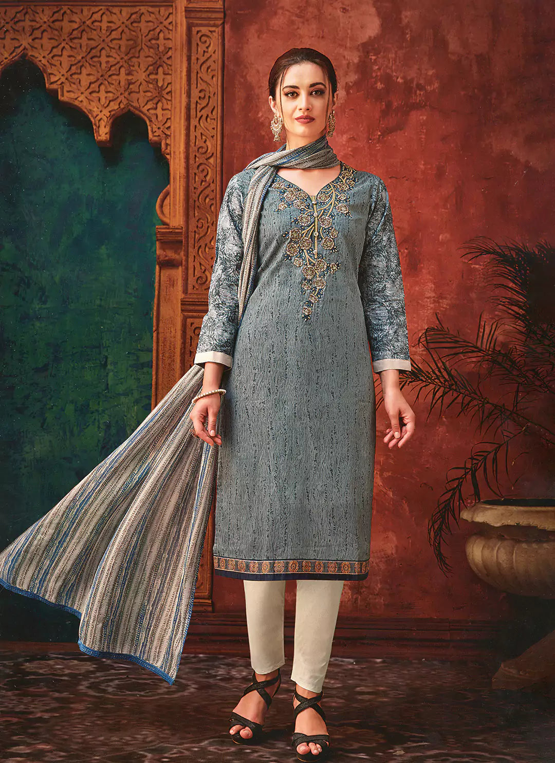 Grey Cambric Cotton Full Suit Set treevesto