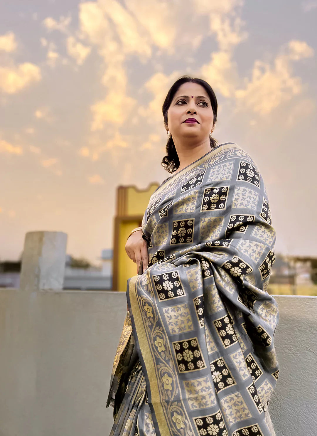 Grey Half & Half Resham Zari Work Banarasi Silk Saree - TREEVESTO
