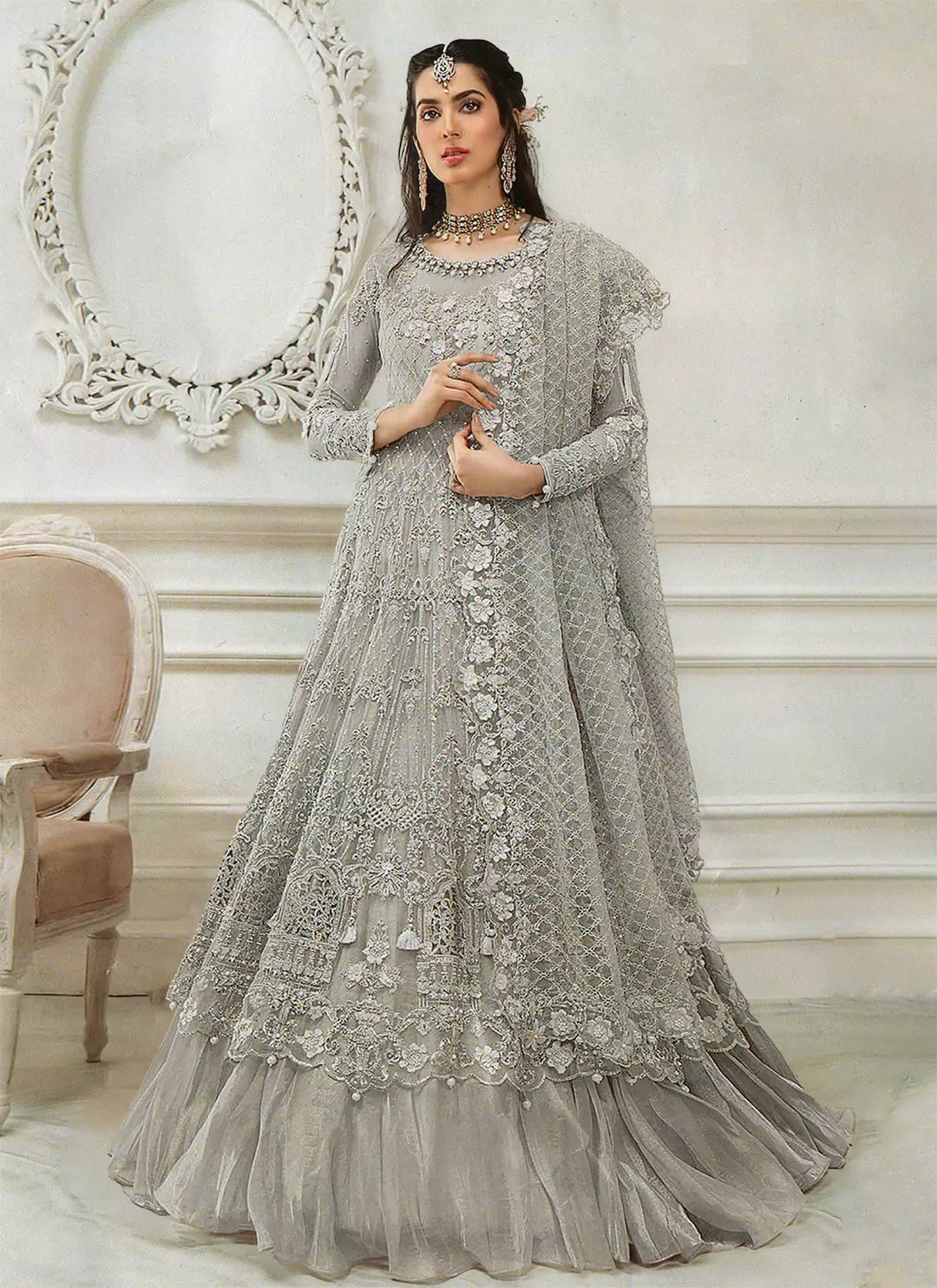 Grey Heavy Work Butterfly Net Semi Stitch Pakistani Wedding Suit TREEVESTO