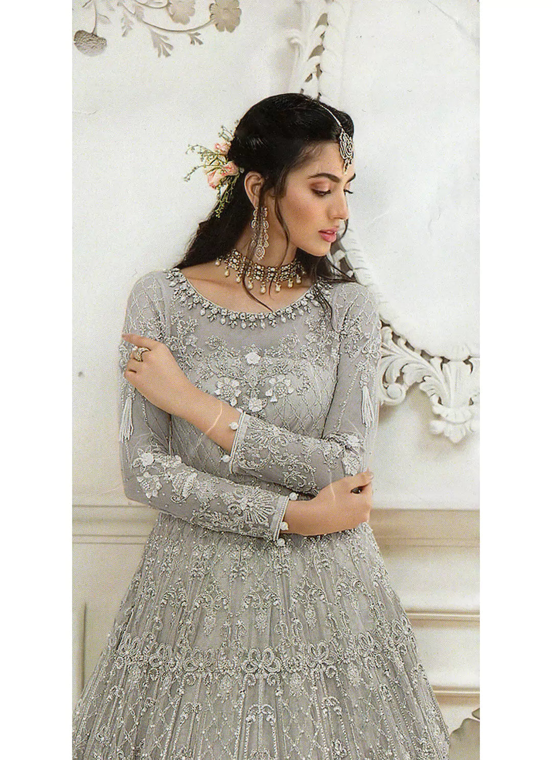 Grey Heavy Work Butterfly Net Semi Stitch Pakistani Wedding Suit TREEVESTO