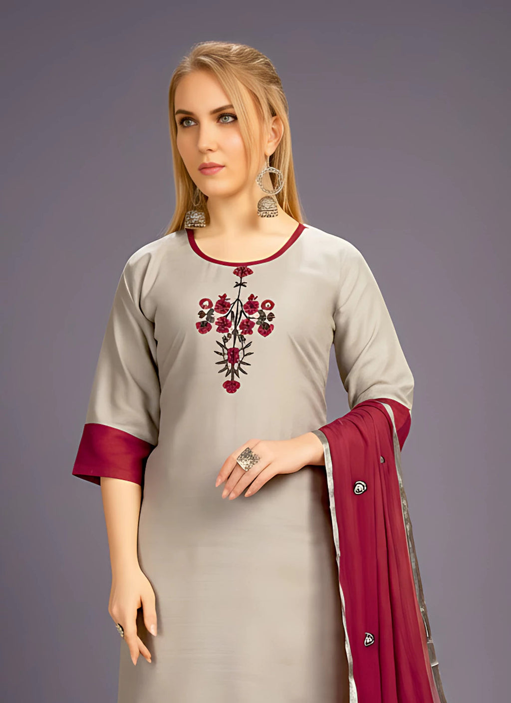 Grey Kurta & Wine Coloured Palazzo Suit Set With Dupatta  TREEVESTO