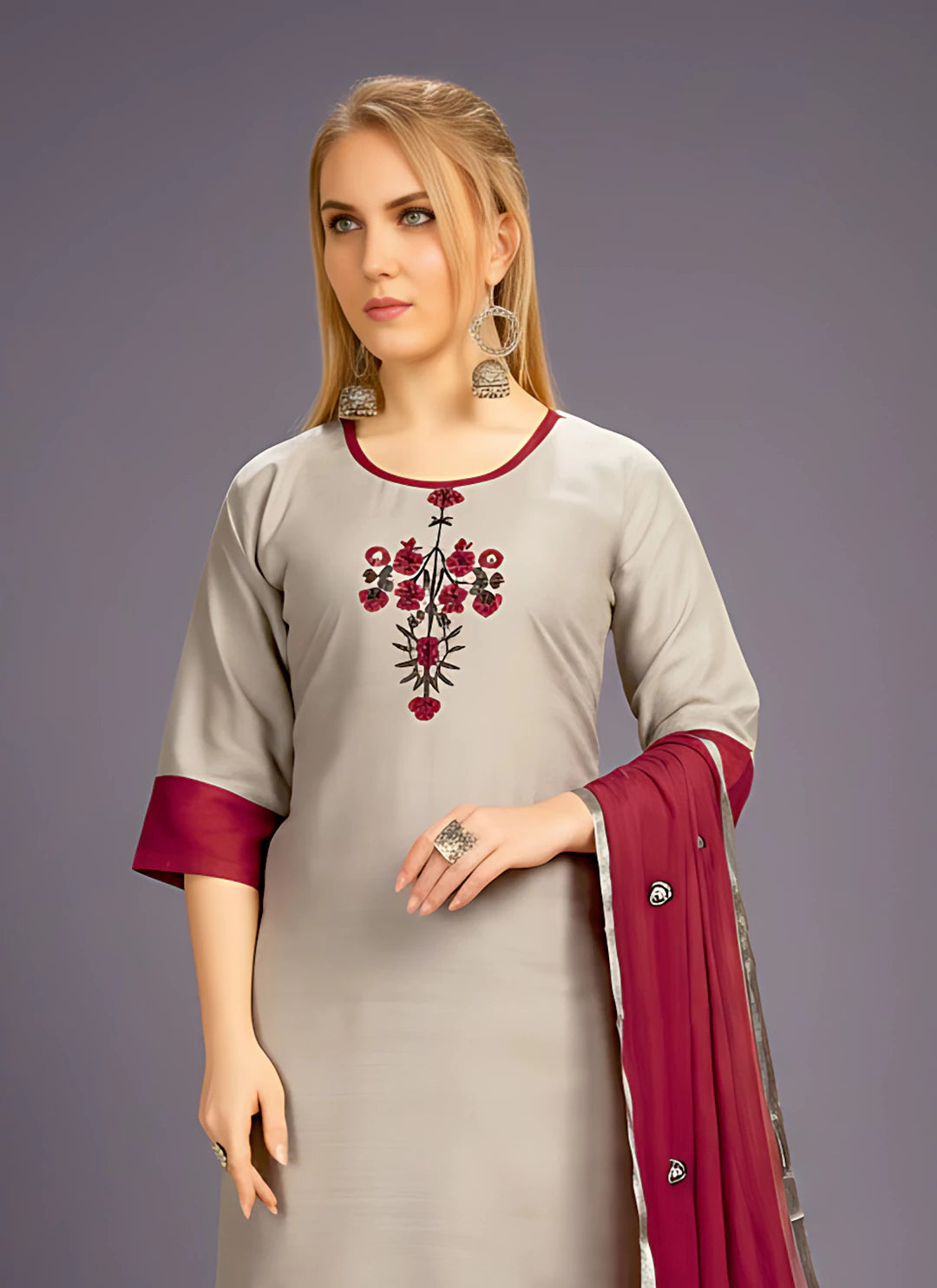 Grey Kurta & Wine Coloured Palazzo Suit Set With Dupatta  TREEVESTO