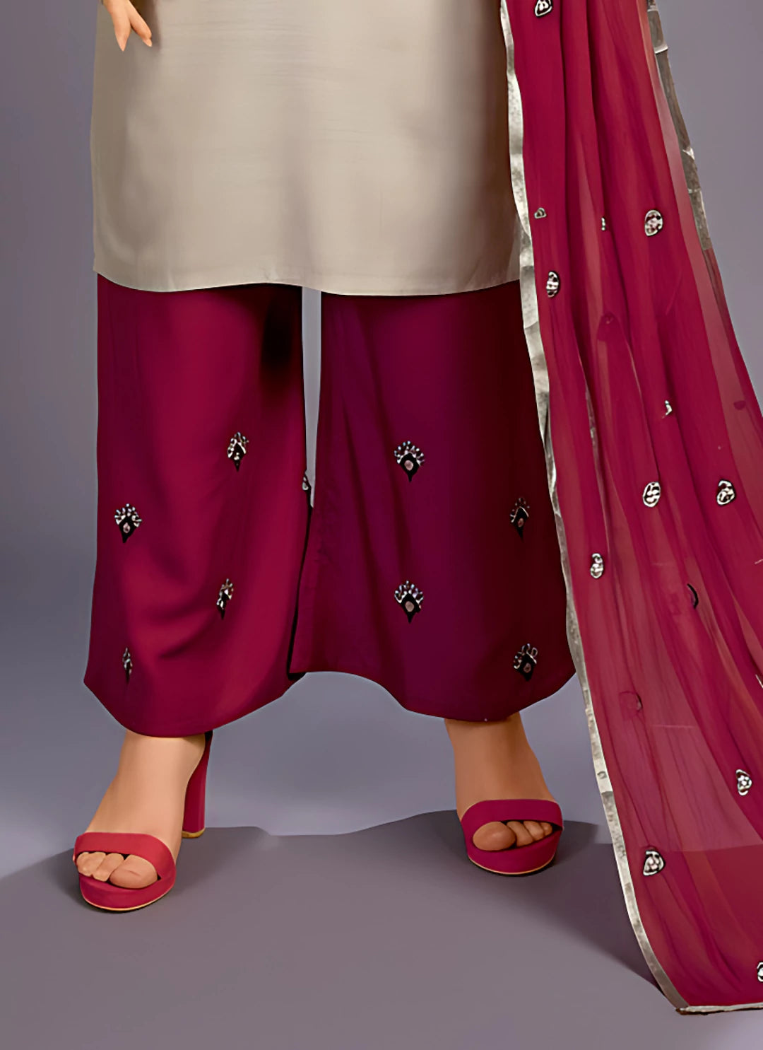 Grey Kurta & Wine Coloured Palazzo Suit Set With Dupatta  TREEVESTO