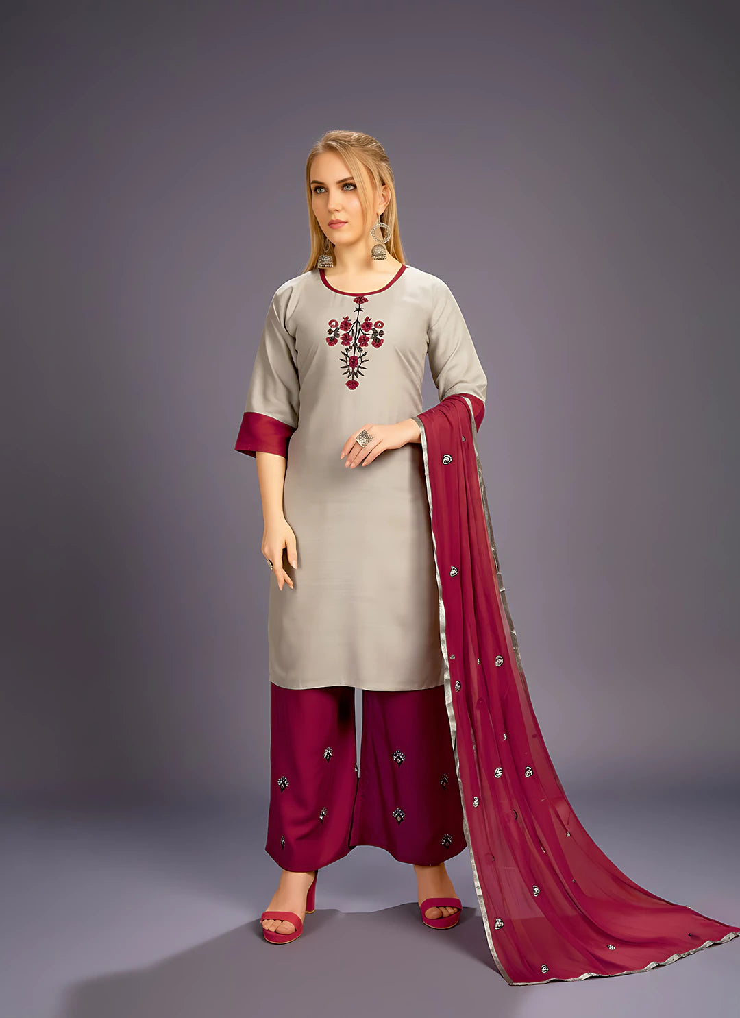 Grey Kurta & Wine Coloured Palazzo Suit Set With Dupatta  TREEVESTO