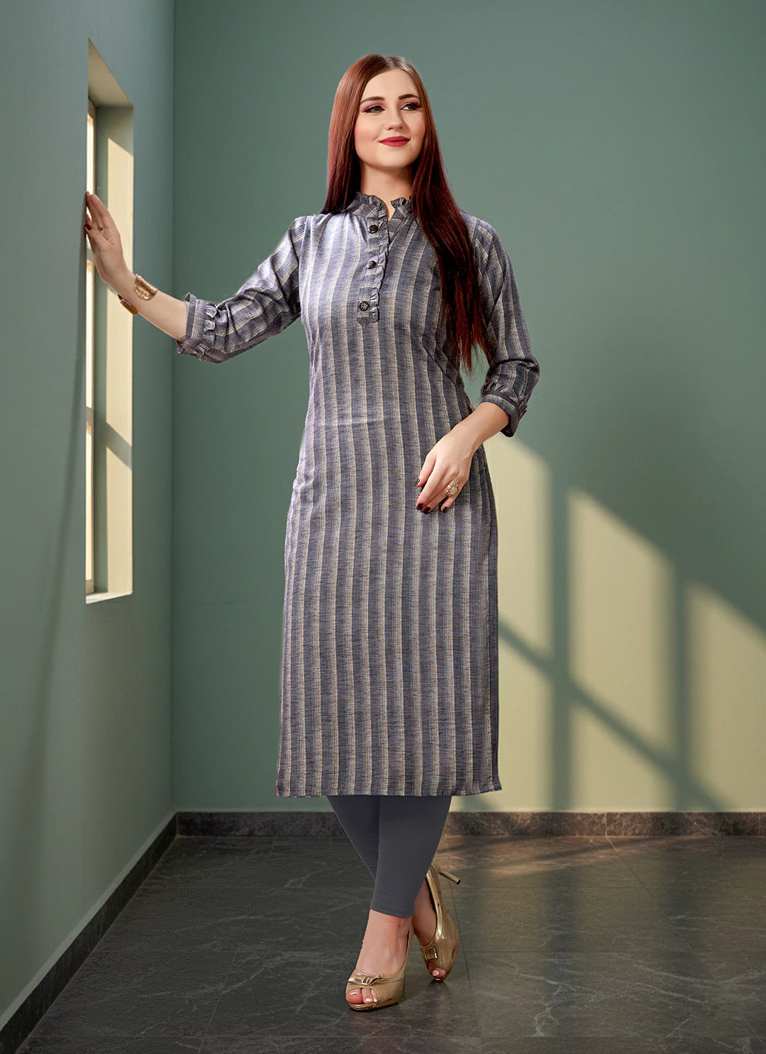 Grey Striped Pure Cotton Straight Kurta  TREEVESTO