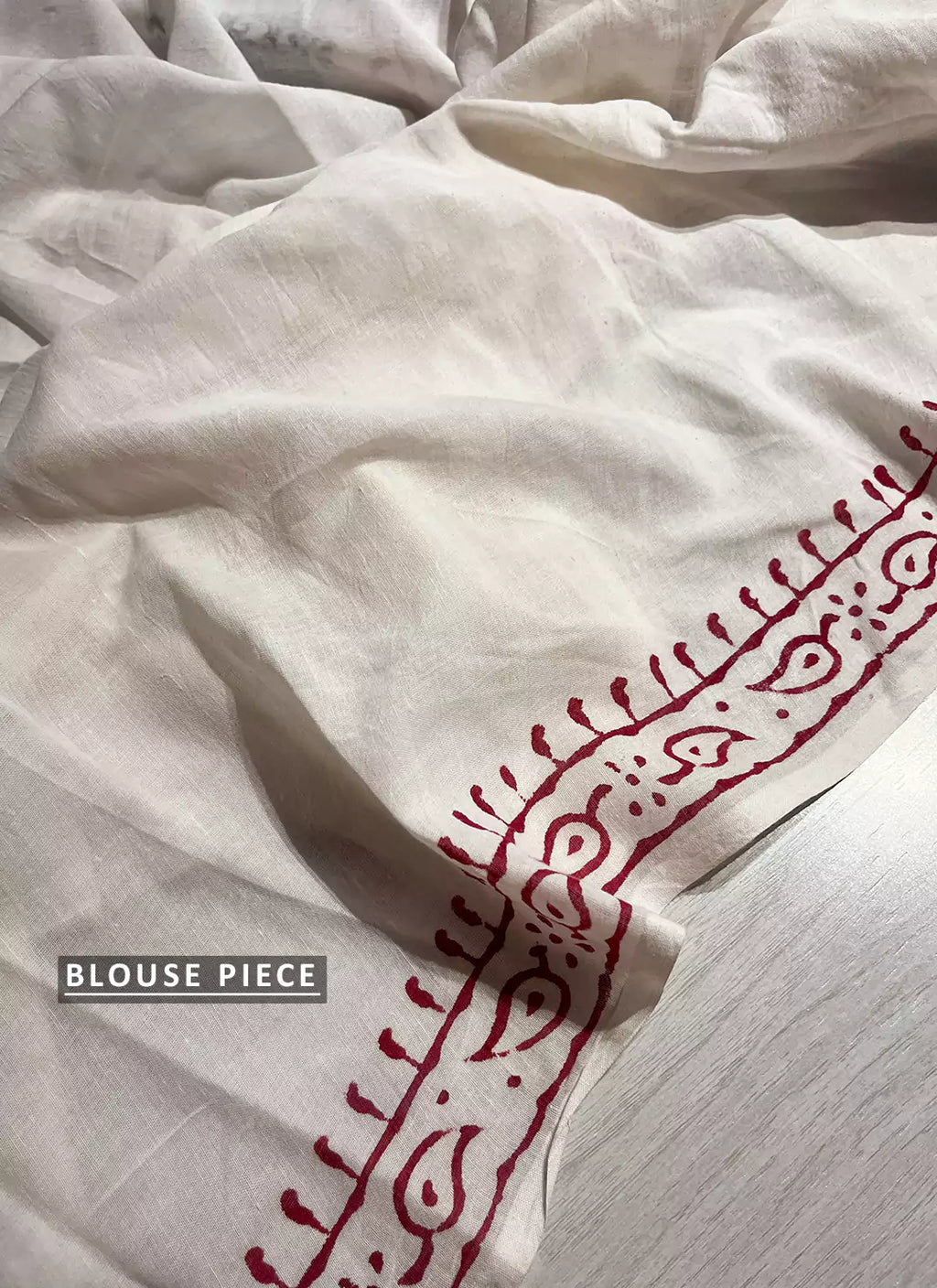 Hand Block Print Mul Cotton White Saree With Red Border  TREEVESTO