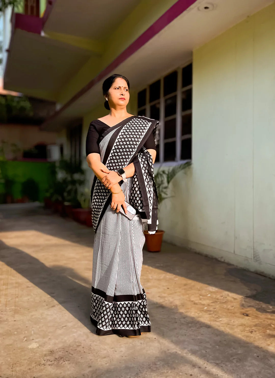 Hand Block Print Striped Black & White Pure Mul Cotton Saree treevesto
