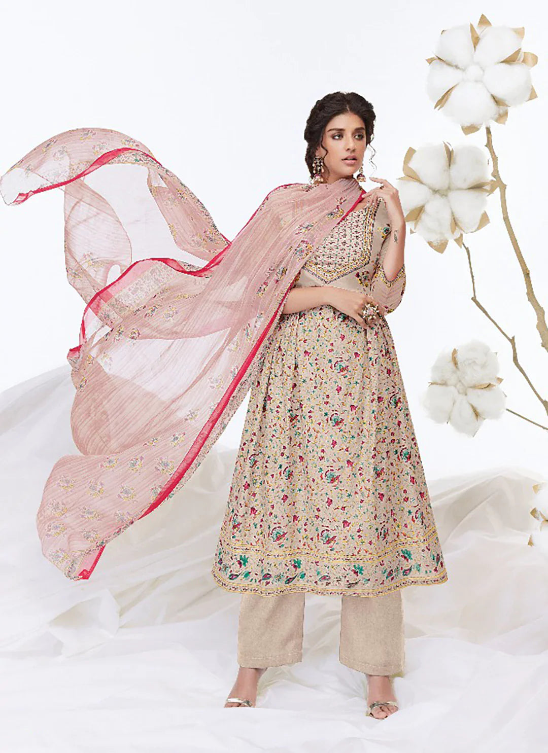 Cut Dana Work Beige Pure Cotton Unstitched Suit Material treevesto