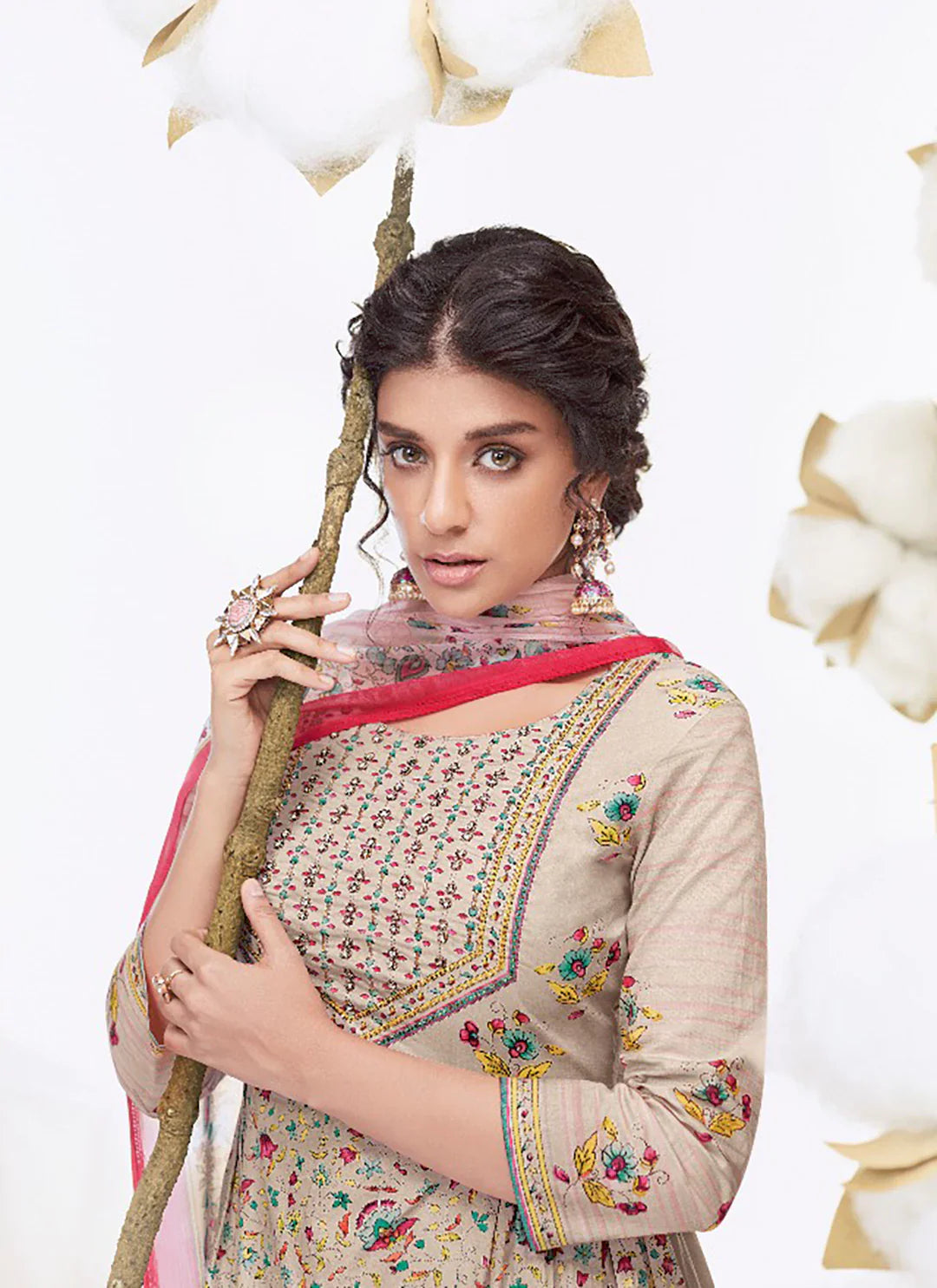 Cut Dana Work Beige Pure Cotton Unstitched Suit Material treevesto