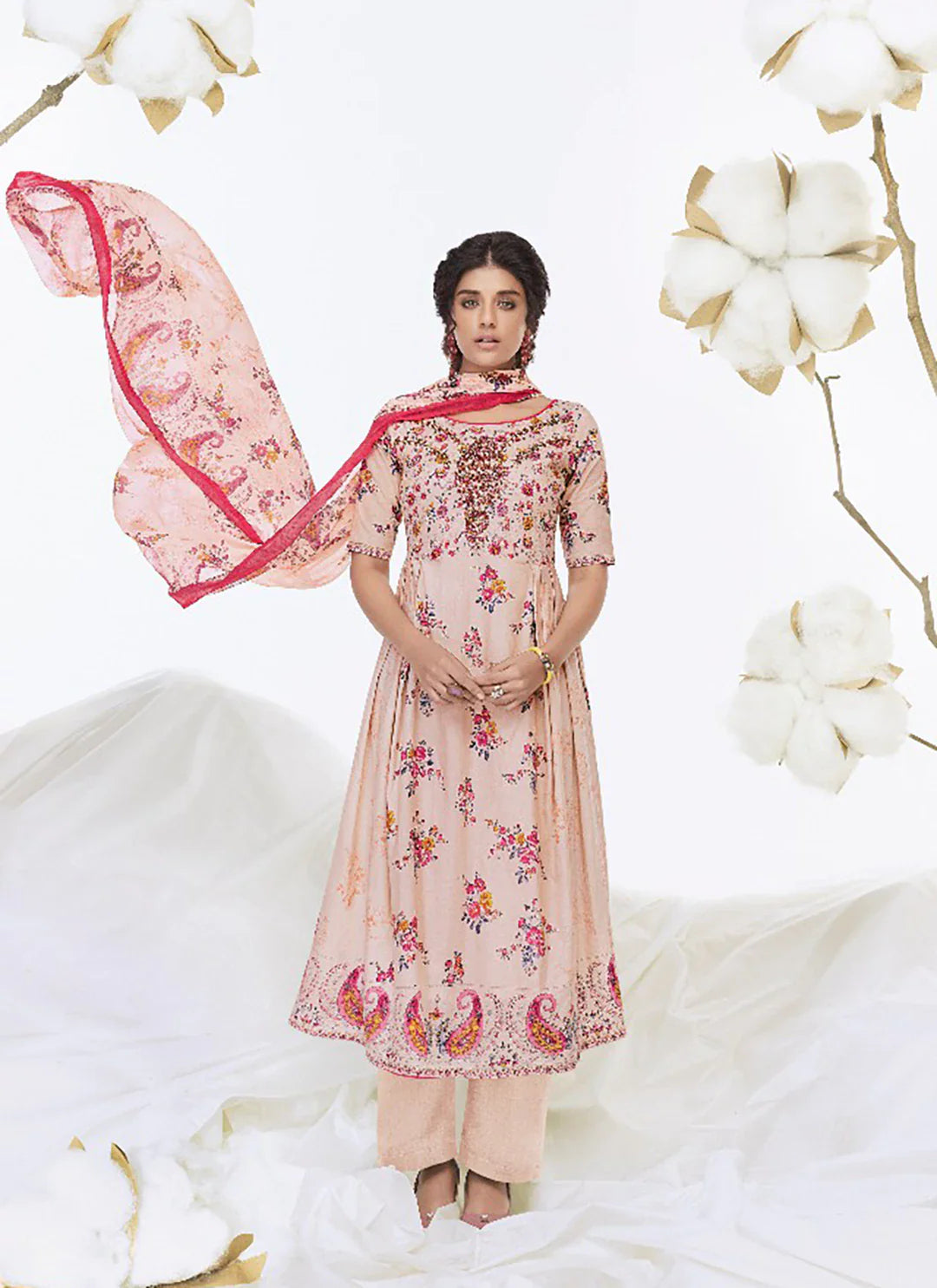 Cut Dana Work Peach Pure Cotton Unstitched Suit Material treevesto