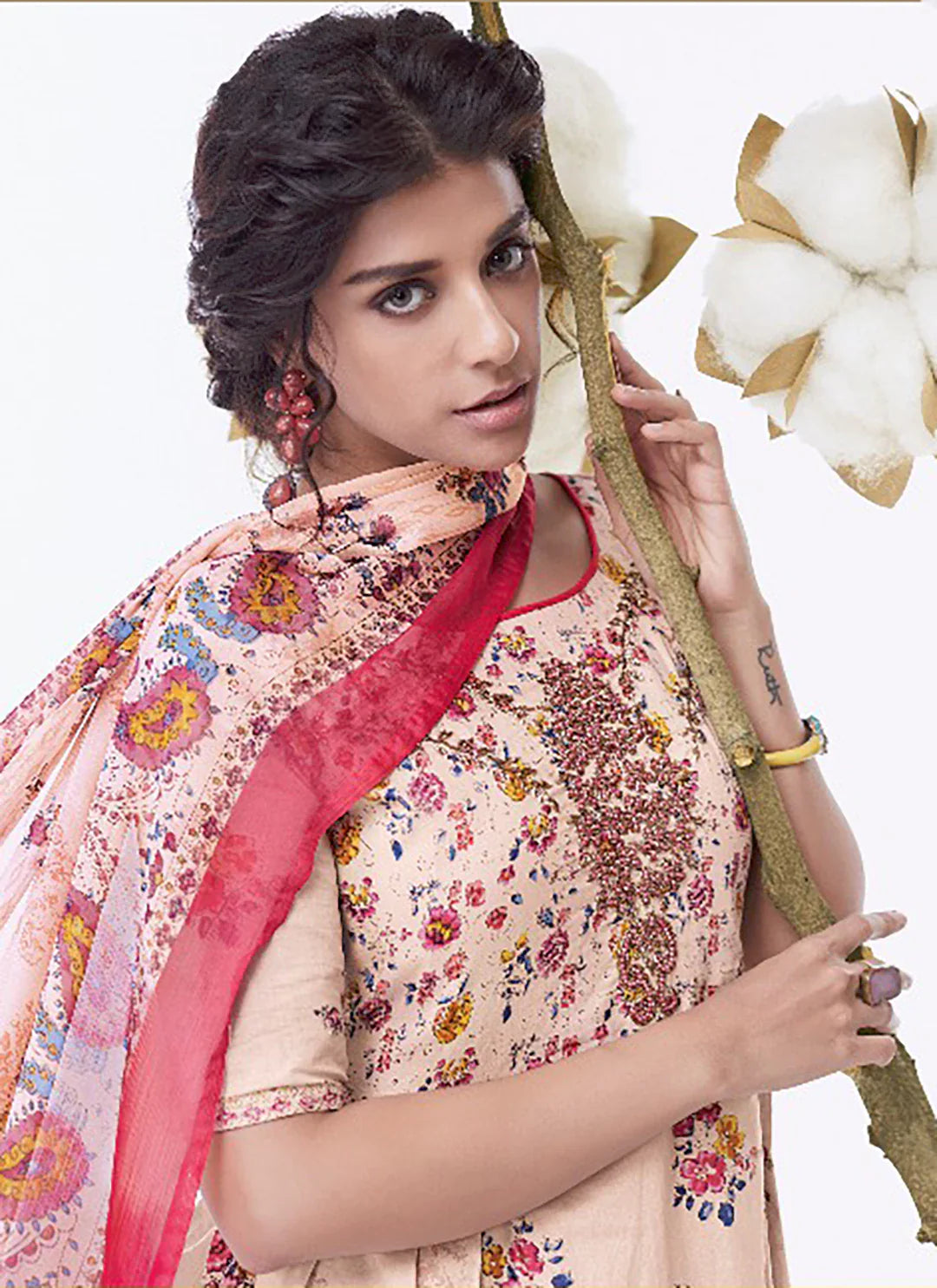 Cut Dana Work Peach Pure Cotton Unstitched Suit Material treevesto