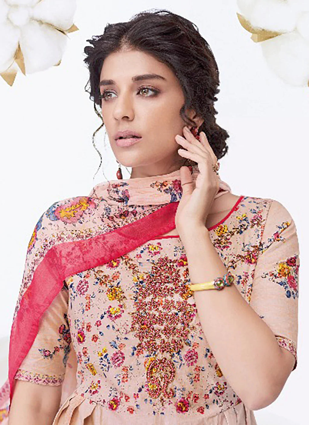 Cut Dana Work Peach Pure Cotton Unstitched Suit Material treevesto
