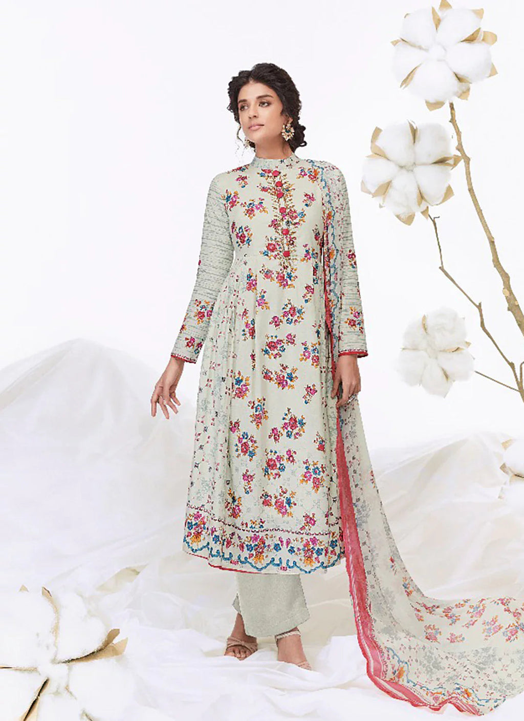 Cut Dana Work Pale Green Pure Cotton Unstitched Suit Material treevesto
