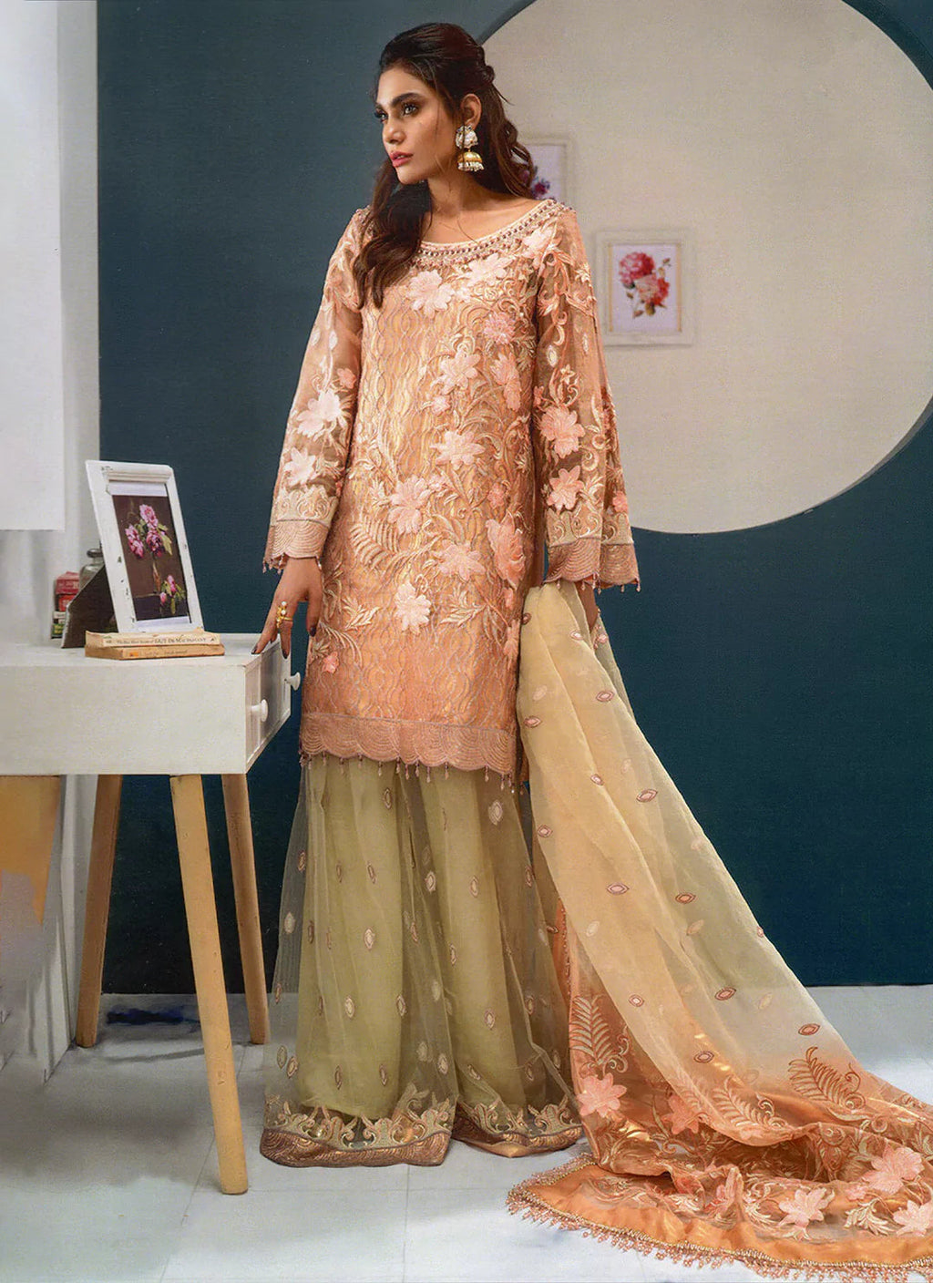 Heavy Work Rosegold Net Semi Stitch Pakistani Suit treevesto