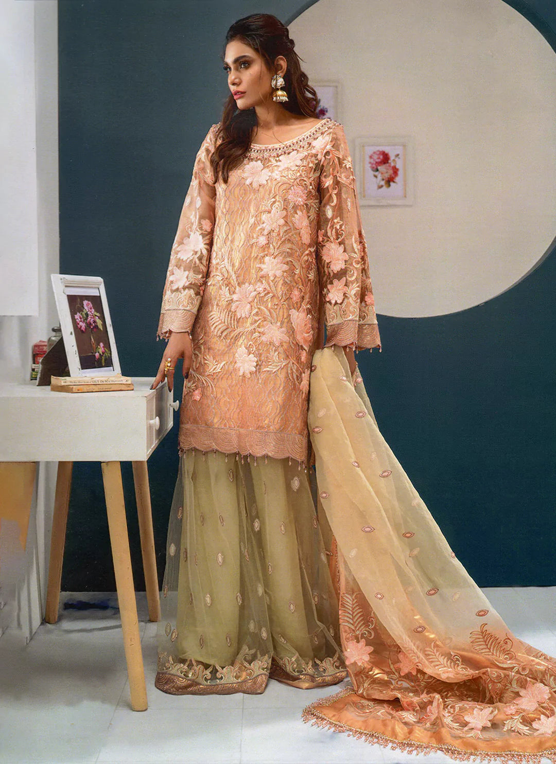 Heavy Work Rosegold Net Semi Stitch Pakistani Suit treevesto