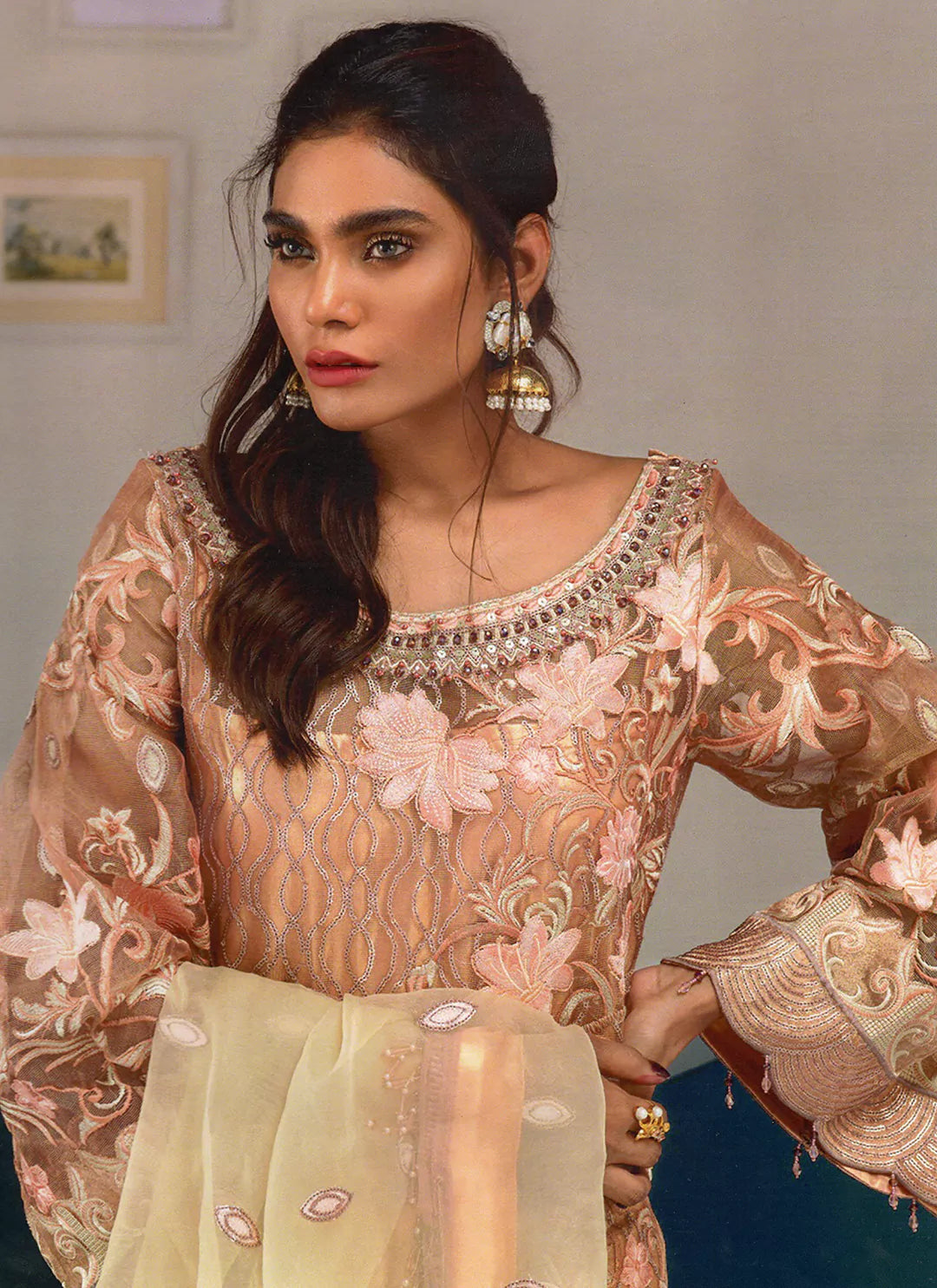 Heavy Work Rosegold Net Semi Stitch Pakistani Suit treevesto