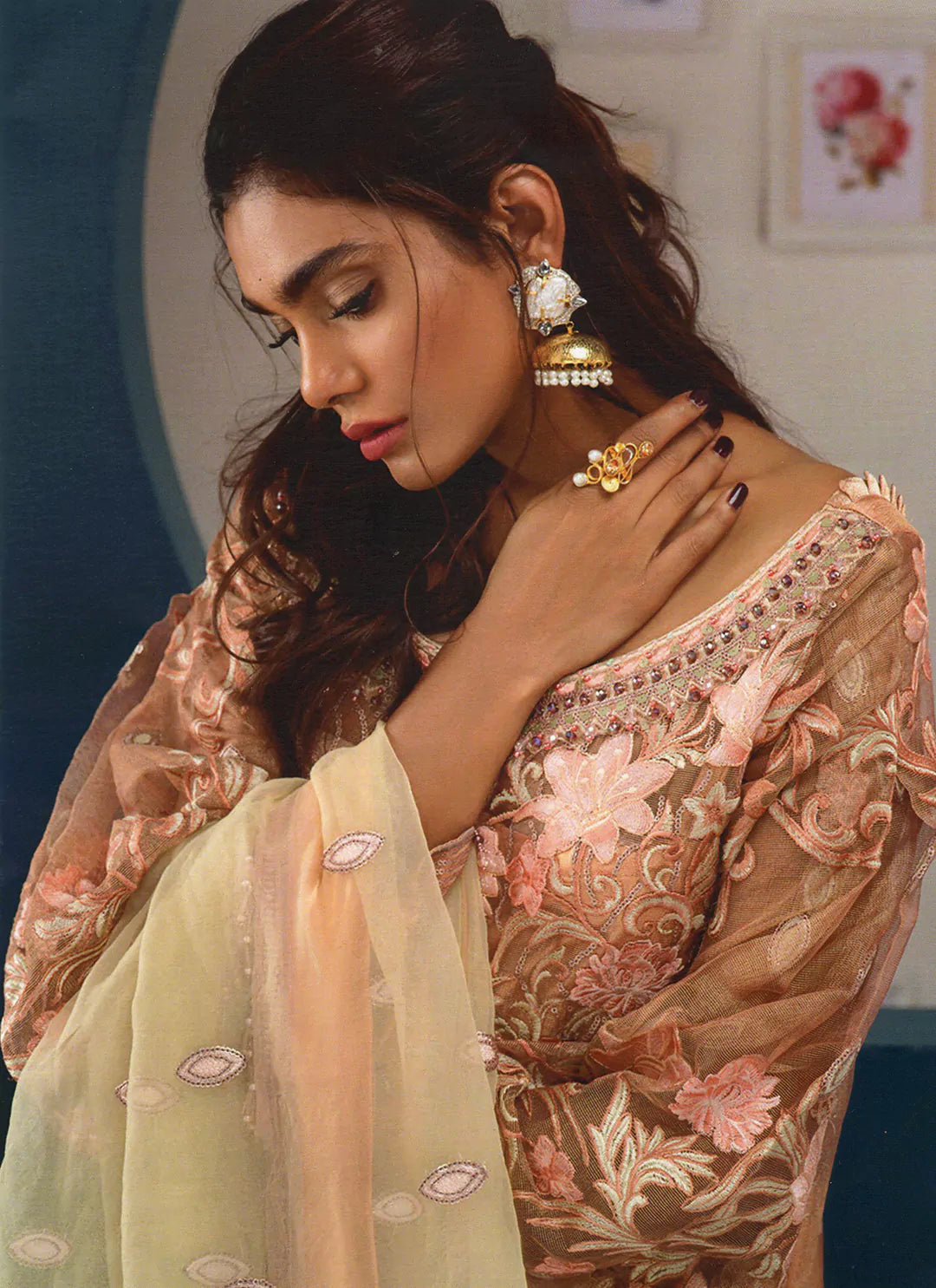 Heavy Work Rosegold Net Semi Stitch Pakistani Suit treevesto