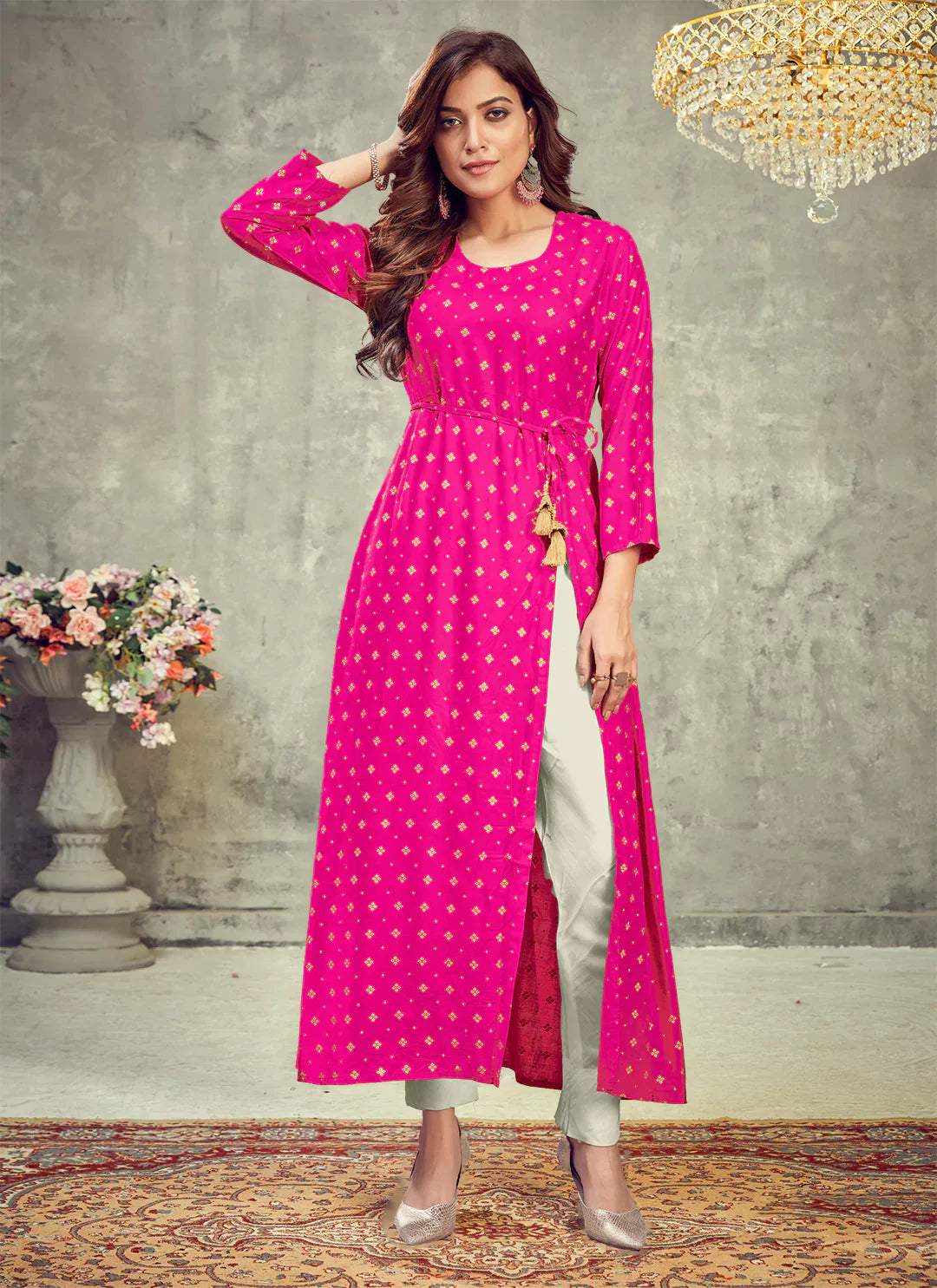 Hot Pink Side Slit Designer Empire A-Line Kurta treevesto