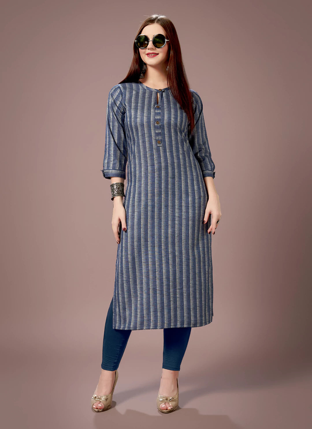 Indigo Striped Pure Cotton Straight Kurta  TREEVESTO
