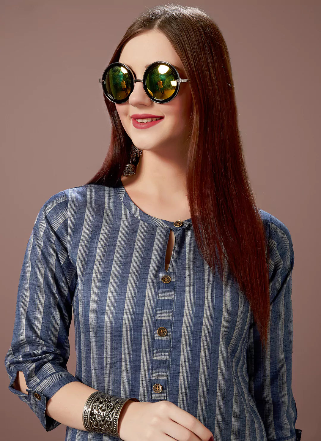 Indigo Striped Pure Cotton Straight Kurta  TREEVESTO
