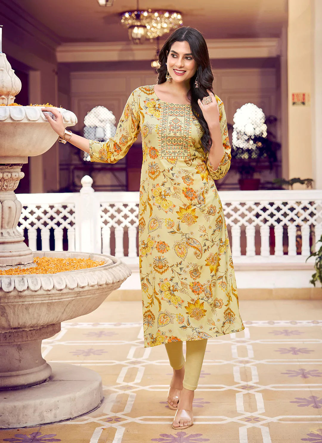 Kalamkari Print Yellow Yoke Design Liva Straight Kurta treevesto
