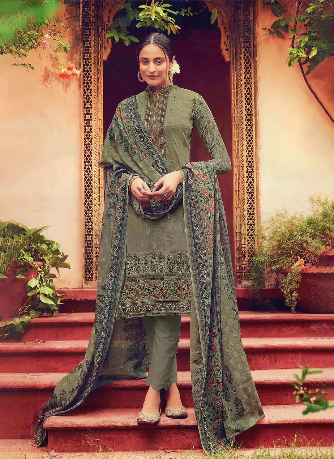 Kashmiri Embroidered Olive Green Jam Satin Unstitched Suit Material treevesto