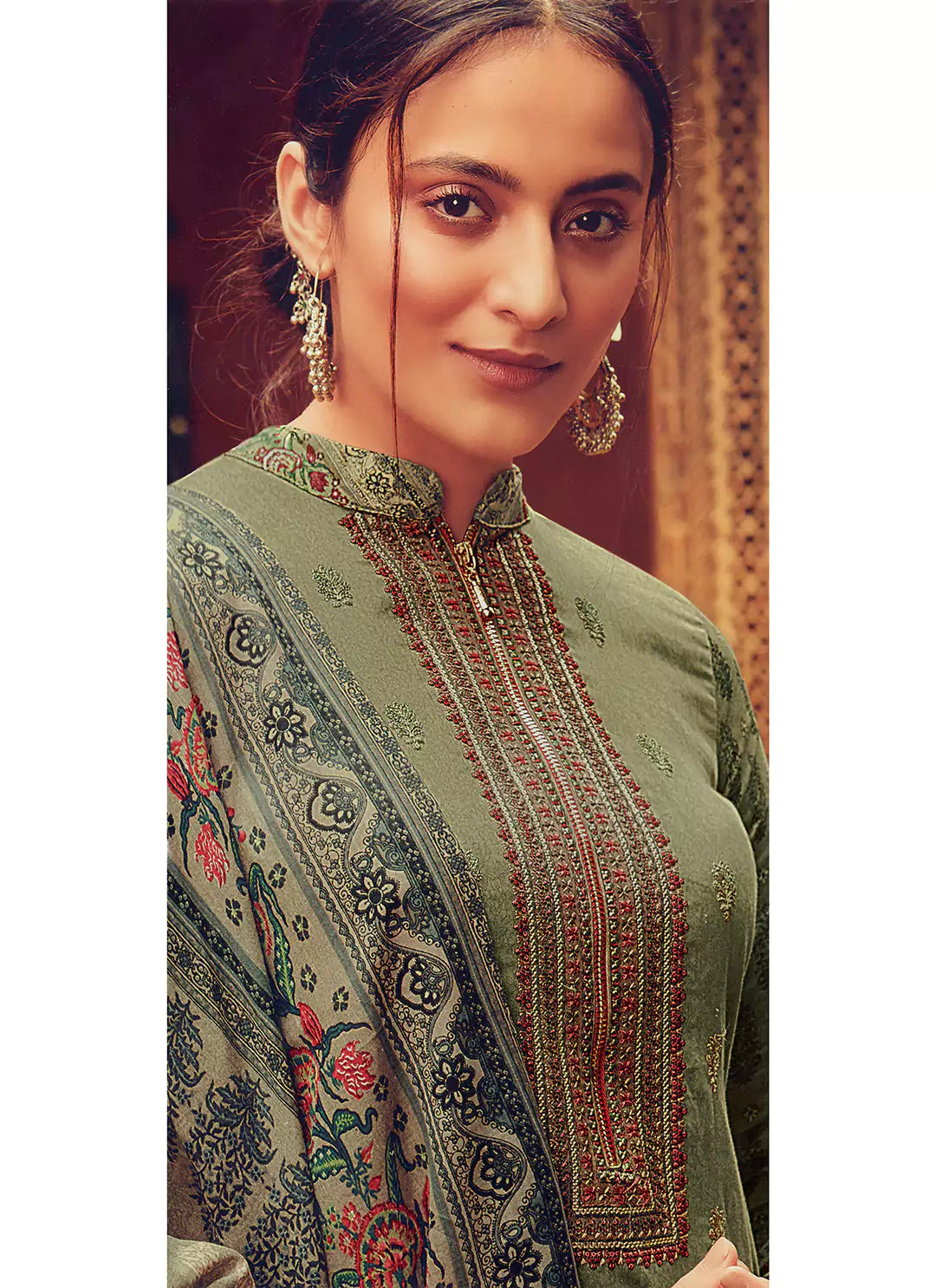 Kashmiri Embroidered Olive Green Jam Satin Unstitched Suit Material treevesto