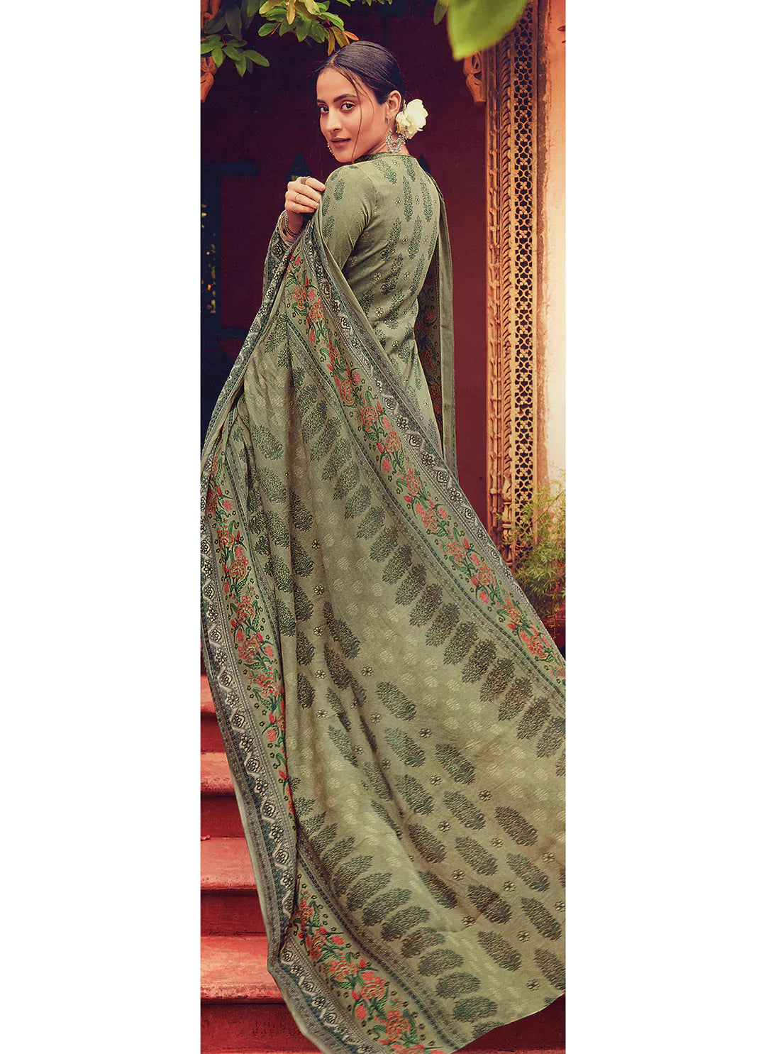 Kashmiri Embroidered Olive Green Jam Satin Unstitched Suit Material treevesto