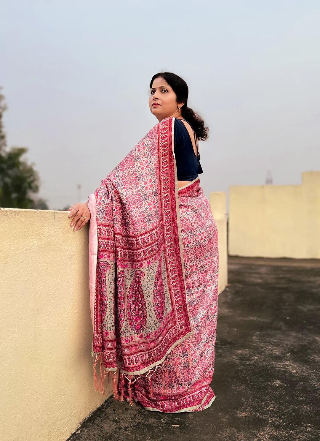 Kashmiri Print Light Pink Pashmina Silk Saree treevesto