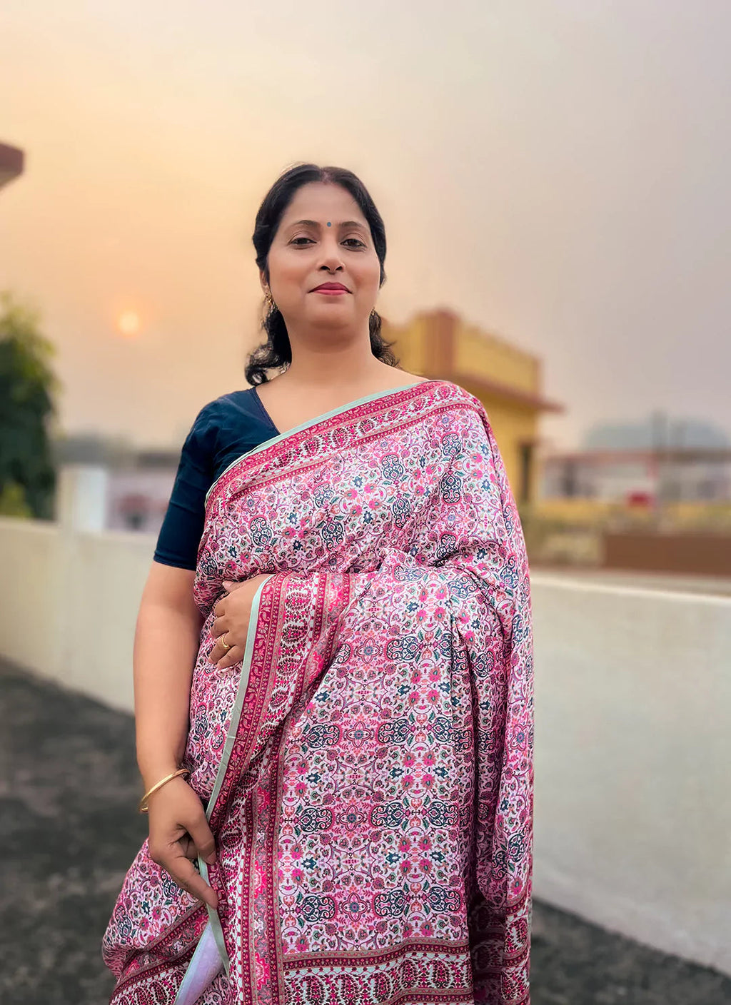 Kashmiri Print Light Pink Pashmina Silk Saree treevesto