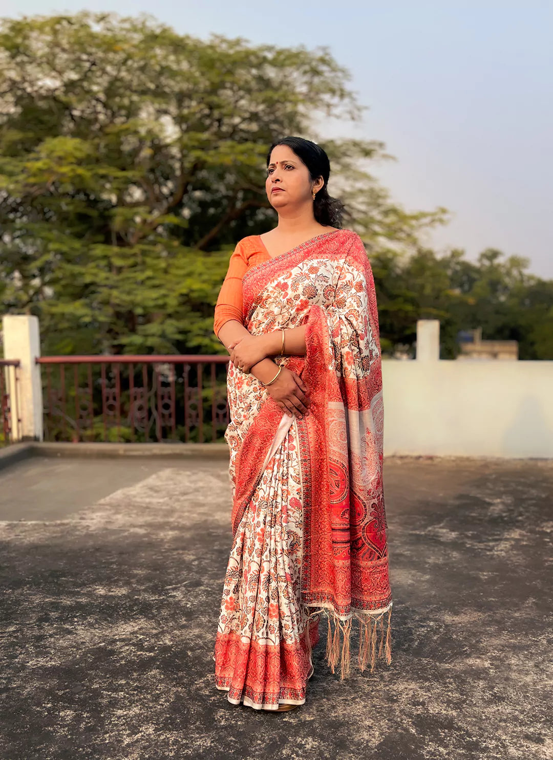 Kashmiri Print Pista Green Pashmina Silk Saree treevesto