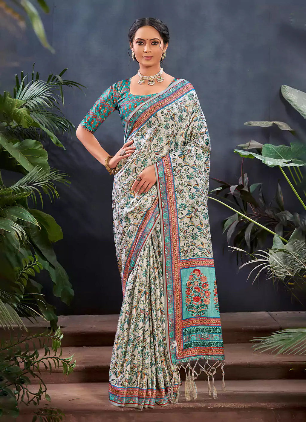 Kashmiri Print Silver Pashmina Silk Saree treevesto
