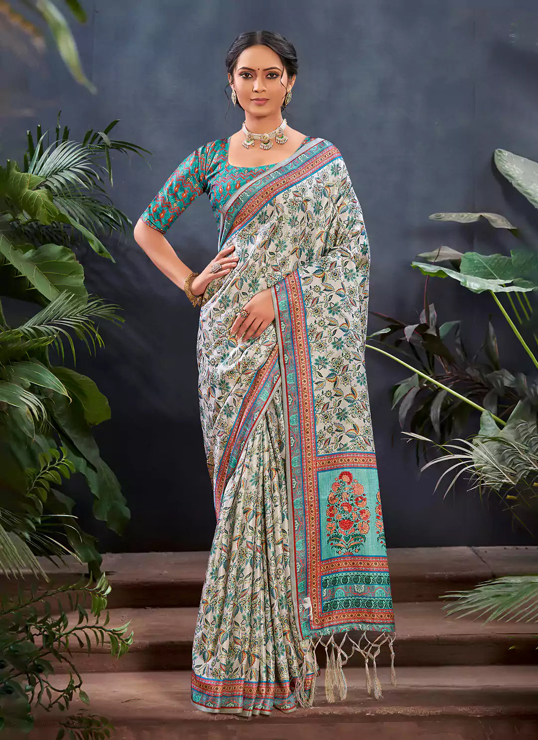 Kashmiri Print Silver Pashmina Silk Saree treevesto