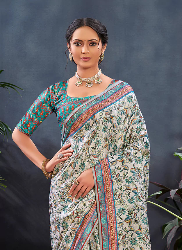 Kashmiri Print Silver Pashmina Silk Saree treevesto