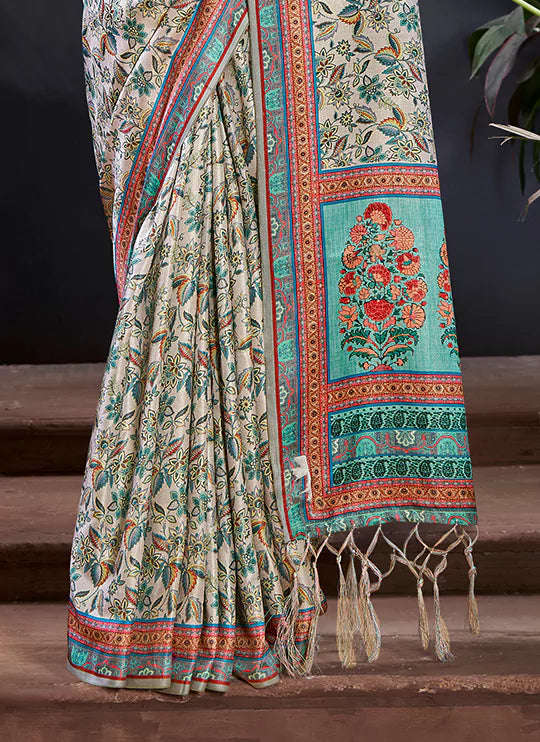 Kashmiri Print Silver Pashmina Silk Saree treevesto