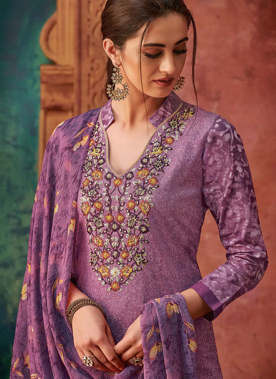Lavender Cambric Cotton Full Suit Set treevesto