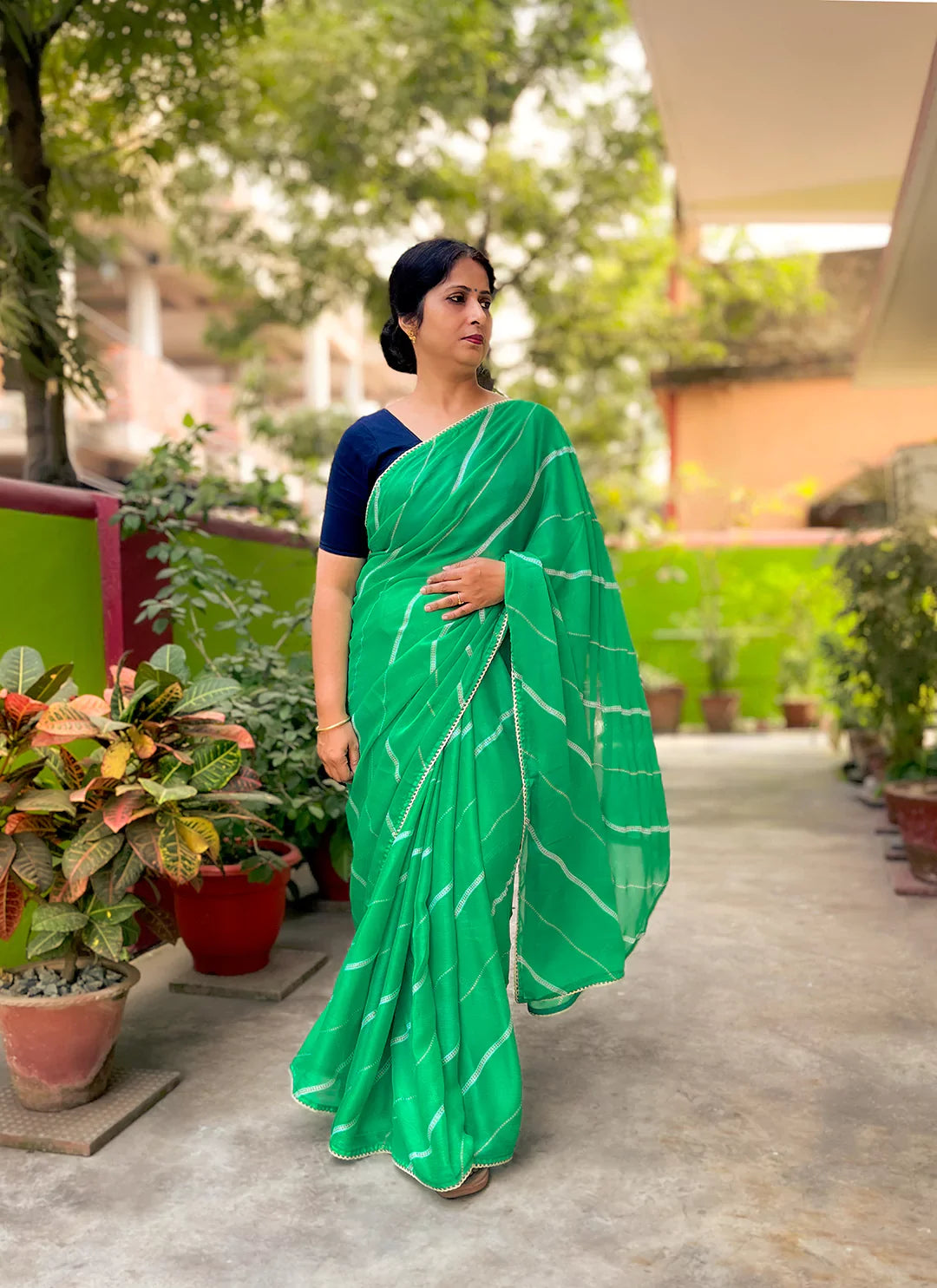 Light Green Moss Chiffon Leheriya Saree - TREEVESTO