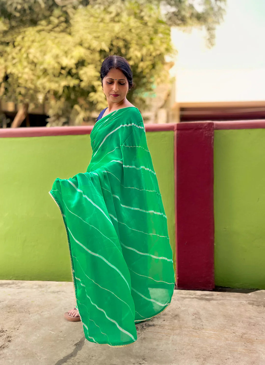 Light Green Moss Chiffon Leheriya Saree - TREEVESTO
