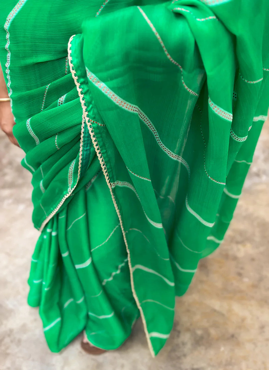Light Green Moss Chiffon Leheriya Saree - TREEVESTO