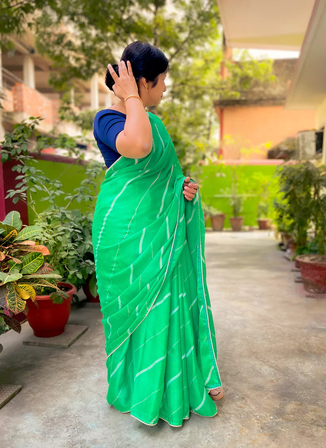 Light Green Moss Chiffon Leheriya Saree - TREEVESTO