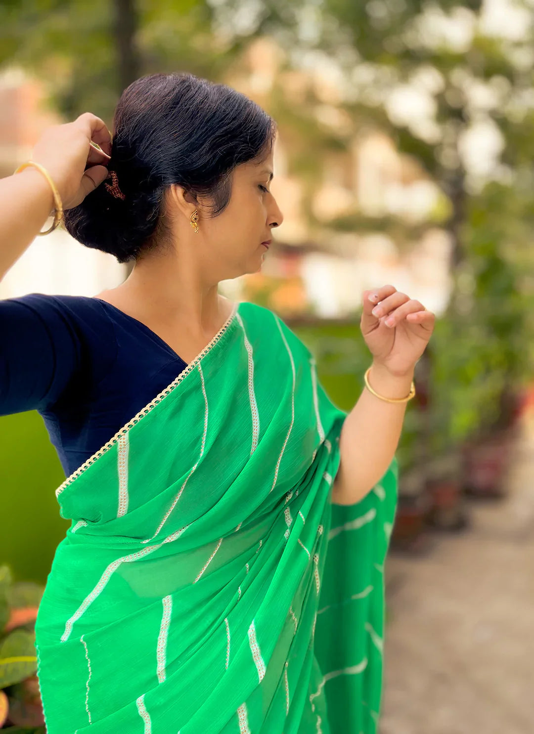 Light Green Moss Chiffon Leheriya Saree - TREEVESTO