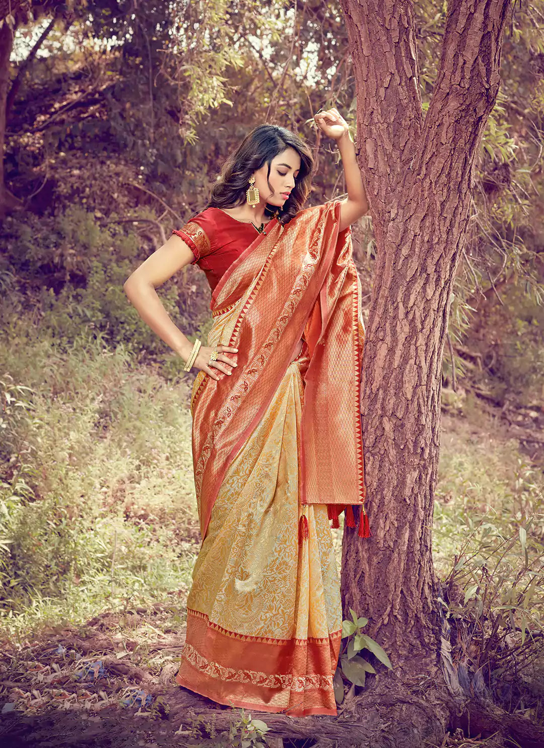 Madhubani Pattern Zari Work Cream Colored Silk Saree - TREEVESTO