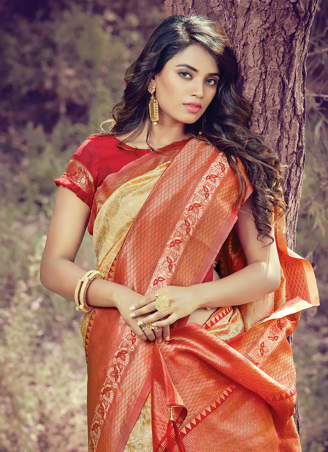 Madhubani Pattern Zari Work Cream Colored Silk Saree - TREEVESTO