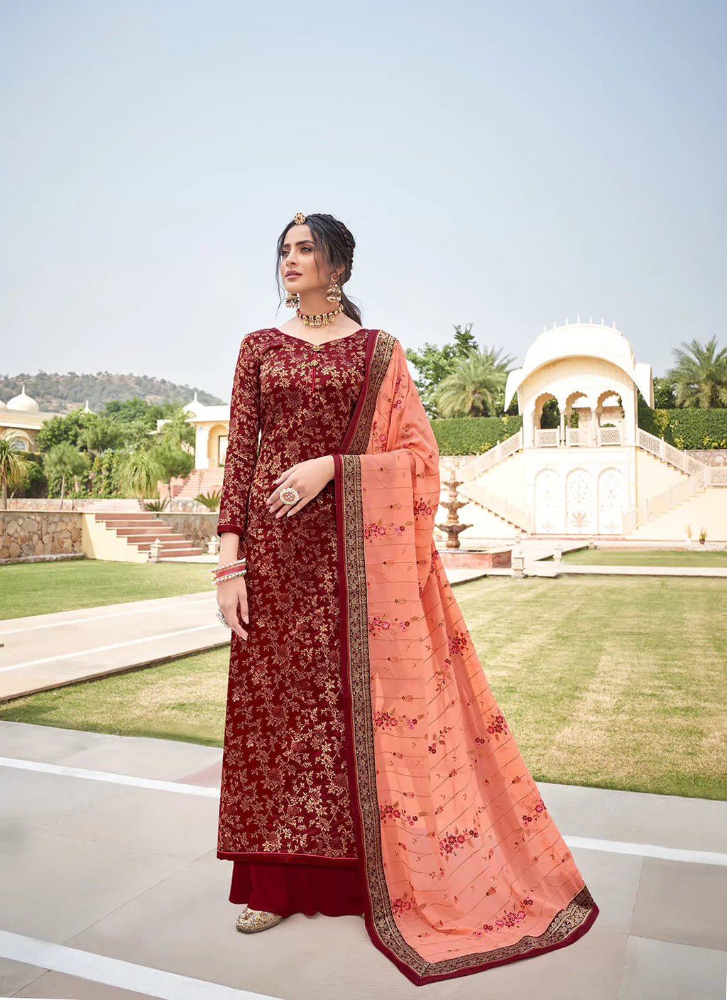 Maroon Banarasi Silk Unstitched Suit With Heavy Work Dupatta treevesto