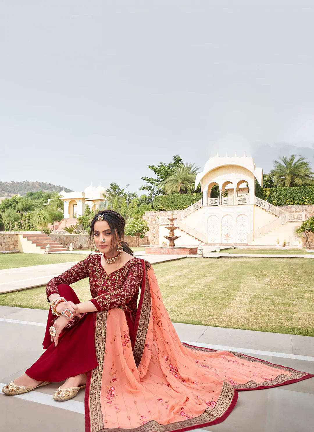 Maroon Banarasi Silk Unstitched Suit With Heavy Work Dupatta treevesto