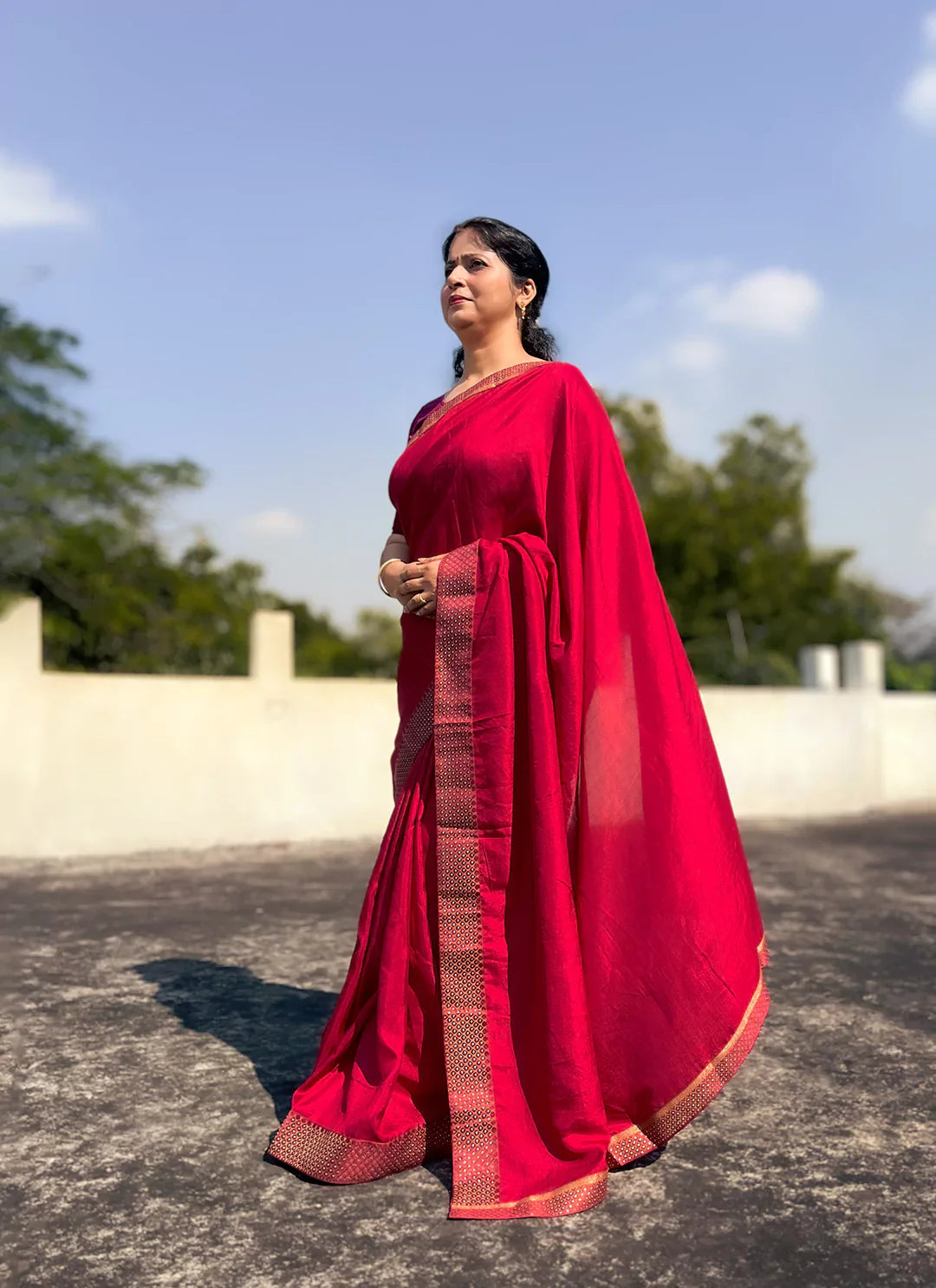 Rani Pink Dola Silk Plain Saree With Border - TREEVESTO