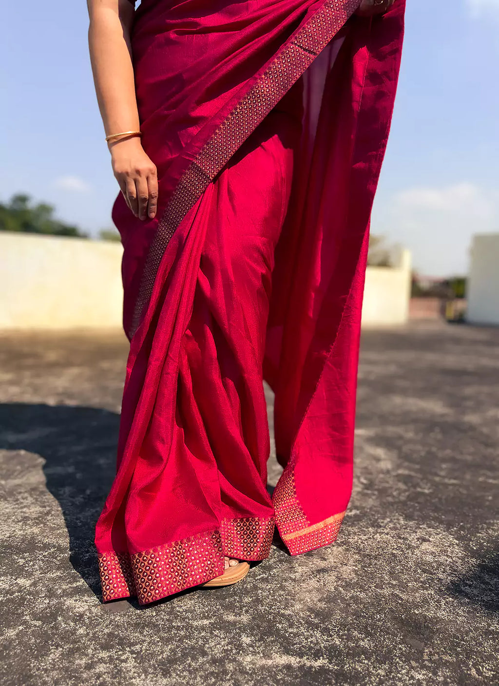 Rani Pink Dola Silk Plain Saree With Border - TREEVESTO