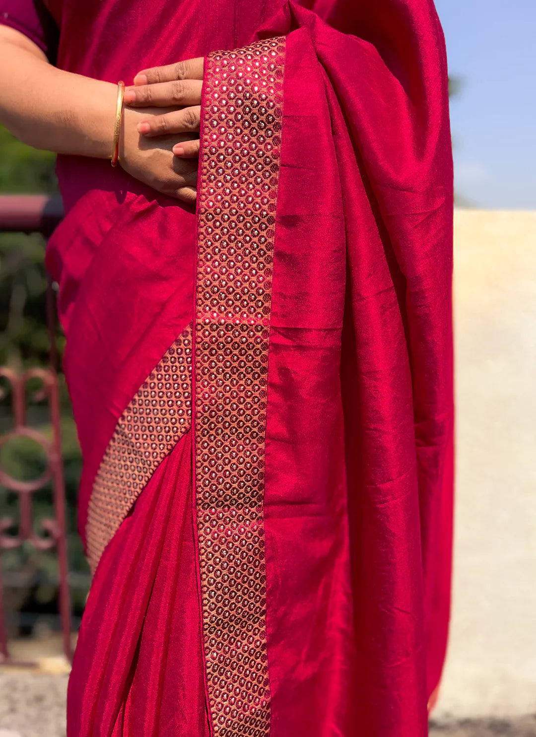 Rani Pink Dola Silk Plain Saree With Border - TREEVESTO