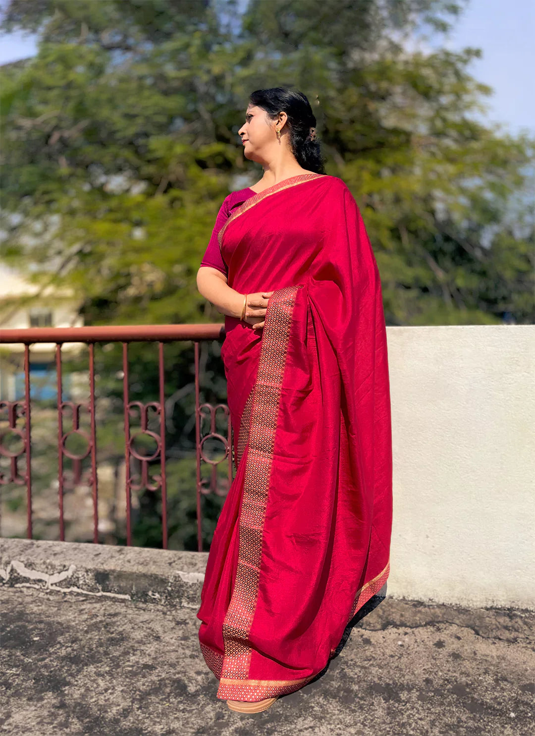 Rani Pink Dola Silk Plain Saree With Border - TREEVESTO